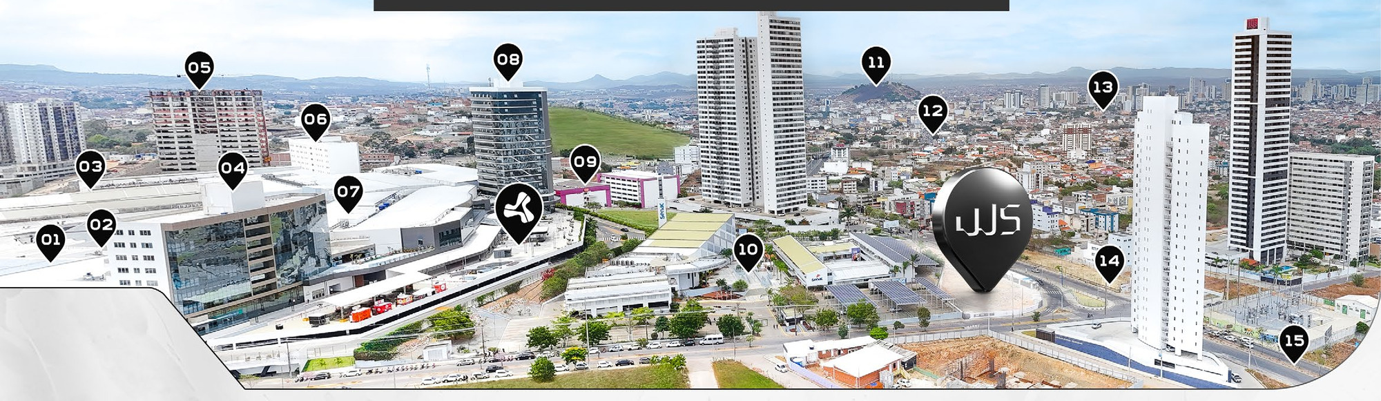 Vista aérea da Zona Sul de Caruaru com a localização do WS Design e 12 pontos de referência